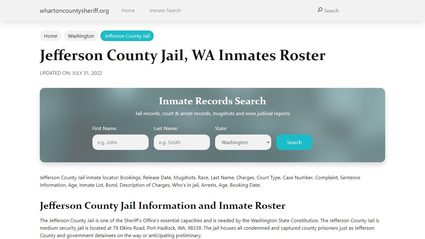 Jefferson County Jail, WA Jail Roster, Name Search
